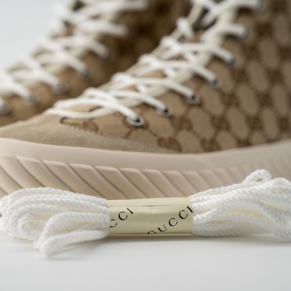size 11.5G - Gucci GG Canvas Monogram Sneakers Tortuga Beige High Top - Picture 8 of 10